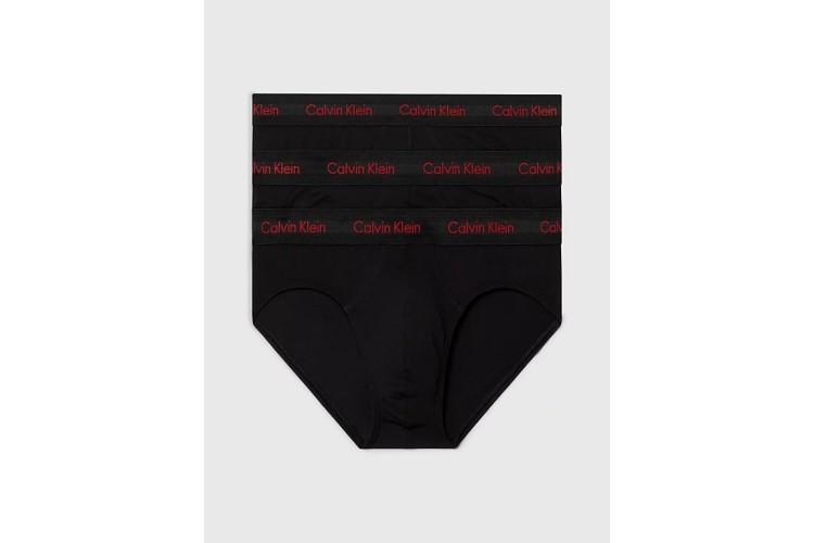 Calvin Klein 3 Pack Cotton Stretch Wicking Hip Briefs - BlackW/PompianRedLogos 